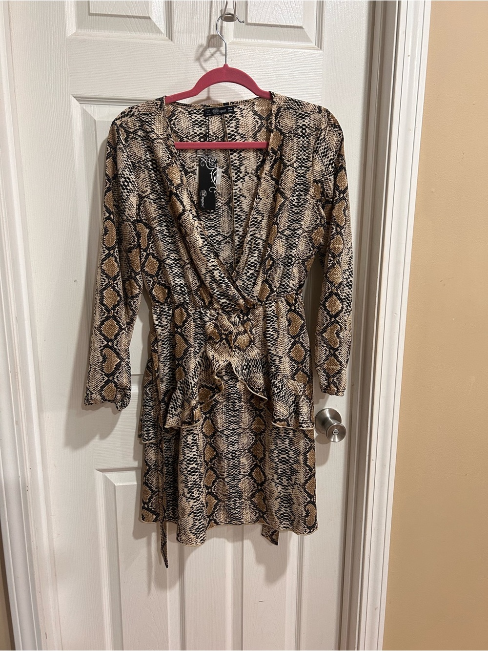 Long Sleeve Snake-Print Wrap Dress in Brown NWT